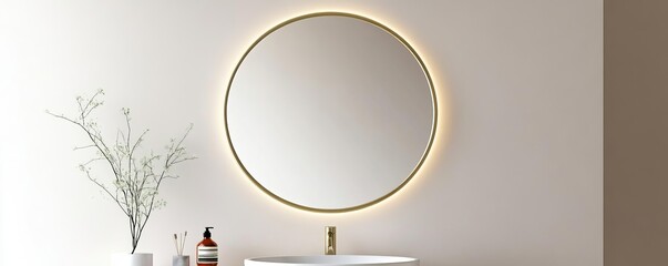Circular mirror with thin brass frame and soft lighting, minimalist bathroom mirror, modern luxury