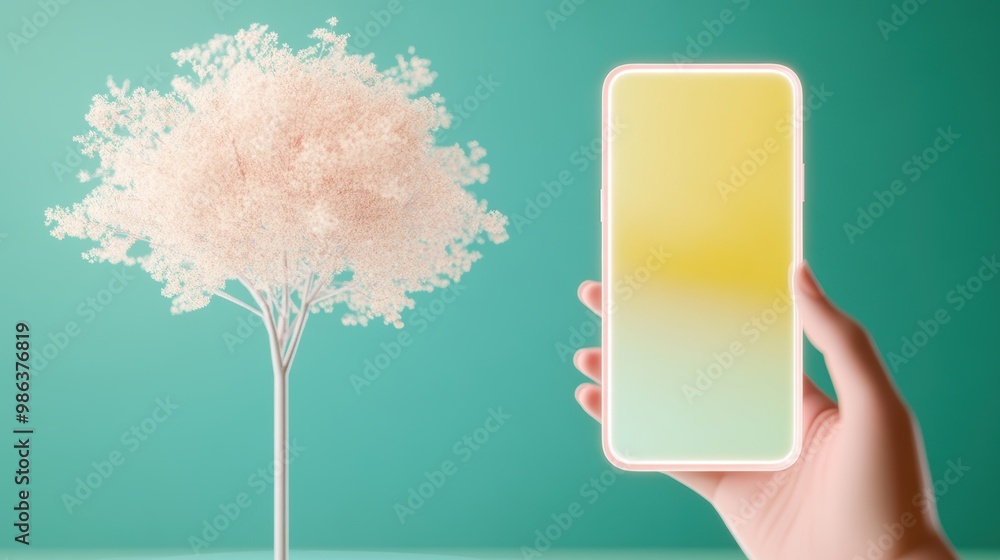 Poster a hand holding a smartphone, displaying a 3d object through ar, demonstrating its application in des