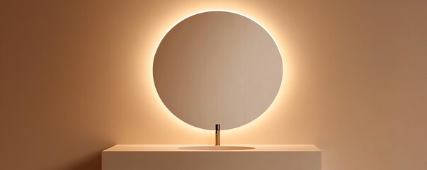 Frameless circular mirror with integrated LED lighting in a beige minimalist bathroom, minimalist bathroom mirror, warm and sleek