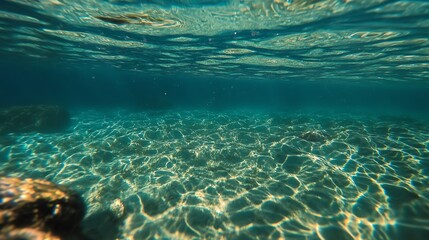 Fototapeta premium A serene underwater scene showcasing crystal clear water, soft waves, and sunlit ripples dancing over the sandy floor.