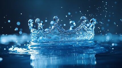 A sparkling crown made of water splashes, creating a beautiful and dynamic scene in a serene blue atmosphere.