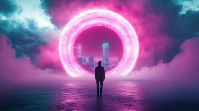 A lone figure, silhouetted against a massive holographic billboard displaying a swirling neon cityscape, highlighting the contrast between individual and urban sprawl.