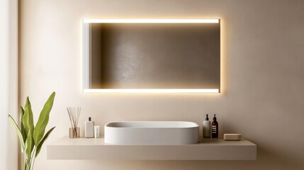 Fototapeta premium Frameless mirror with built-in lighting in a beige minimalist bathroom, minimalist bathroom mirror, sleek simplicity