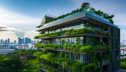 Obraz premium Modern eco-friendly building with green roofs and lush vegetation, showcasing sustainable architectural design