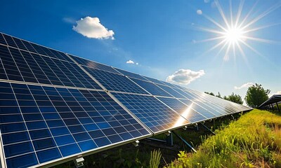 The solar panels are installed in the middle of a field, it's sunny, it's summer, and there is green grass all around.