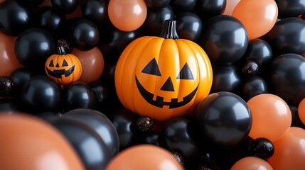 A festive Halloween scene featuring orange and black balloons alongside a smiling pumpkin.