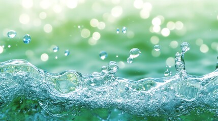 Close-up of water splash with glimmering droplets, creating a serene and refreshing atmosphere in a natural green backdrop.