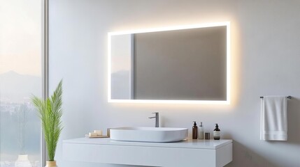 Fototapeta premium Frameless rectangular mirror with integrated lighting in a beige minimalist bathroom, minimalist bathroom mirror, warm elegance