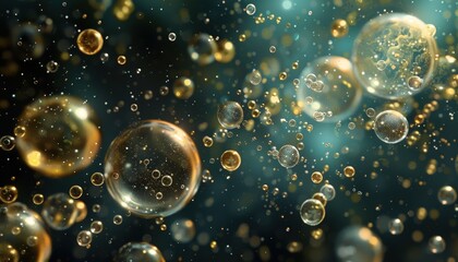 Close-up of glowing golden bubbles floating in a dark liquid, creating a luxurious, sparkling, and atmospheric visual effect.