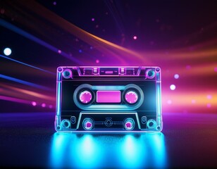 Audio cassette tape glowing with neon lights spreading 80s vibes