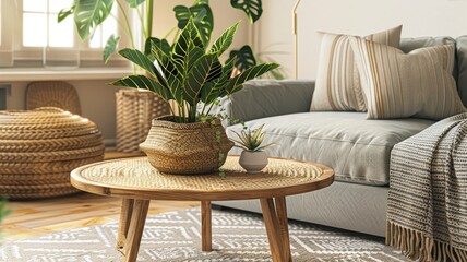 A cozy living room with a comfortable gray sofa, decorative pillows, and a potted plant in a woven basket on a wooden table.