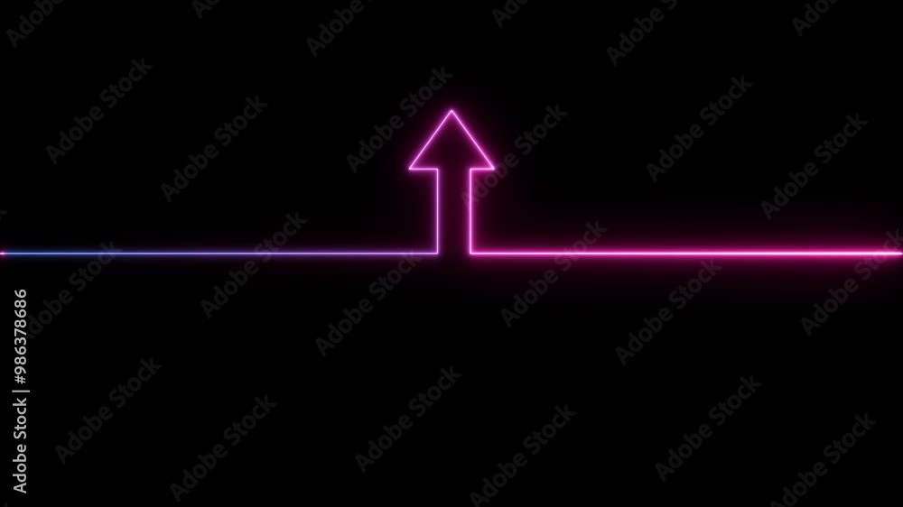 Poster glowing neon line icon and up arrow isolated on transparent black background.