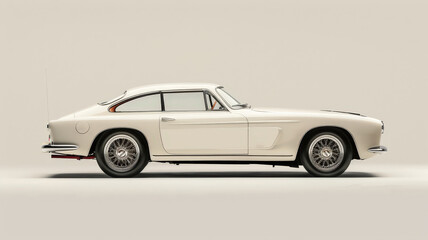 Obraz premium A classic white vintage sports car with elegant curves and wire-spoke wheels, displayed in a sleek side profile against a neutral background.