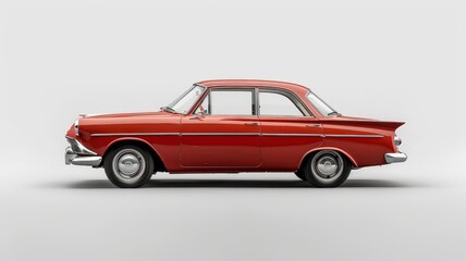 Fototapeta premium A classic red vintage sedan featuring chrome details and retro styling, captured in a sleek side profile against a clean background.