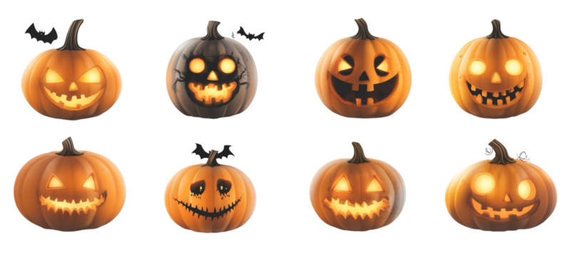 Carved Halloween pumpkins or jack o lanterns having different expressions, from spooky to mischievous, separated and arranged against a transparent, isolated background