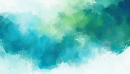 blue green and white watercolor background with abstract cloudy sky concept with color splash design and fringe bleed stains and blobs