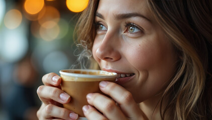 woman drinking coffee in café