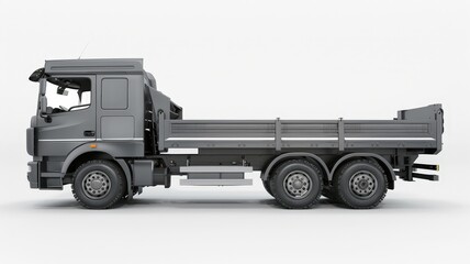 Side view of a heavy-duty industrial truck designed for construction and transportation, featuring a rugged build and durable components.