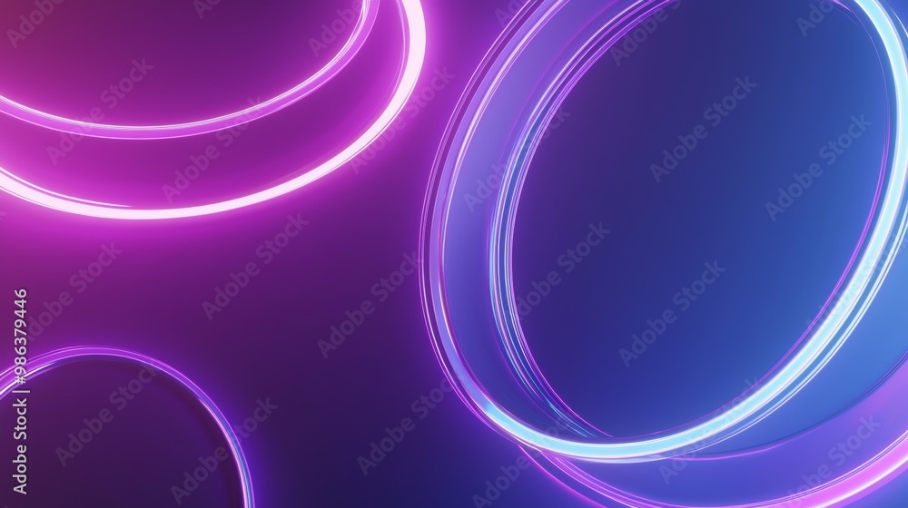 Poster glowing neon circles are intersecting on a gradient purple and blue background. this futuristic and 