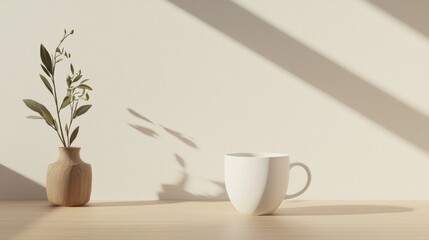 Fototapeta premium Peaceful still life with a white coffee mug, plant vase, and shadows on a table, ideal for lifestyle and interior design projects