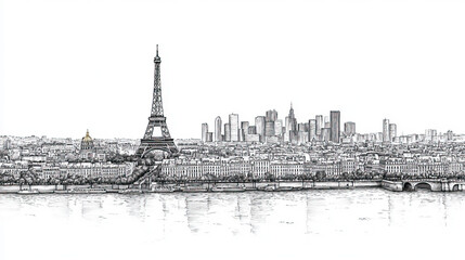 Paris, France, black and white pen pencil hand-drawn effect drawing illustration for travel poster, card, wallpaper, backdrop or banner. Modern, clear, artistic and simple