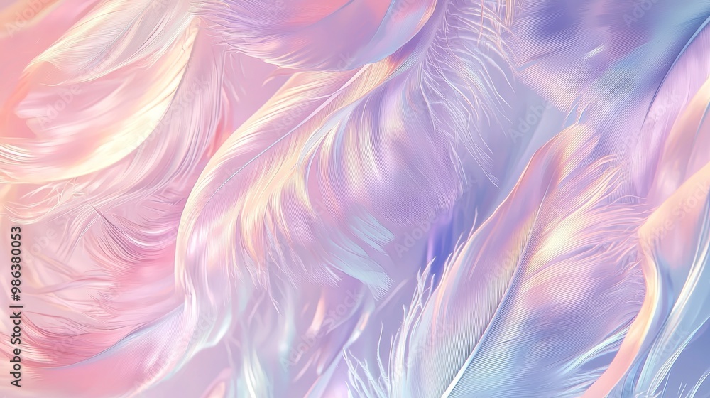 Poster soft pastel colored feathers are overlapping each other creating a beautiful abstract background wit