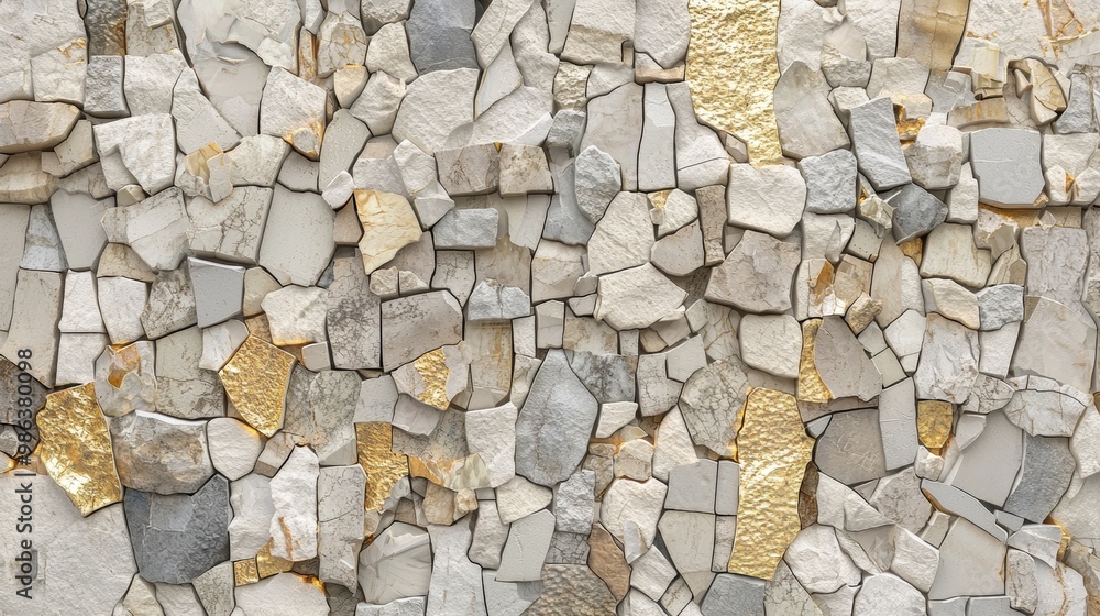 Poster Decorative mosaic wall is forming an abstract pattern with broken ceramic tiles and golden elements. The rough surface is creating a play of light and shadows