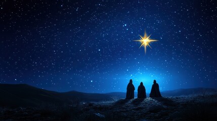 Christmas star on blue sky and three wise men. Christian illustration transparent background