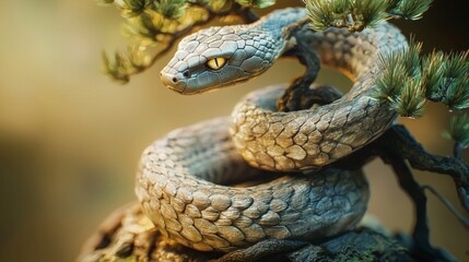 Fototapeta premium Scaled viper is perched on a bonsai tree branch, its body coiled tightly as it observes its surroundings with intense, golden eyes