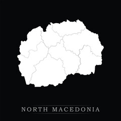 White political maps of North Macedonia isolated on black background.