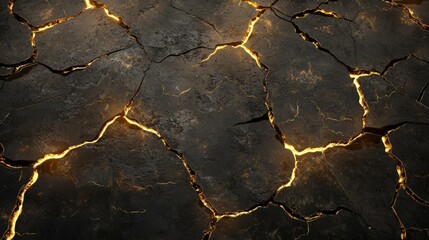 Molten gold is filling the cracks in a dark stone surface, creating a dramatic contrast. The glowing cracks illuminate the textured surface of the stone