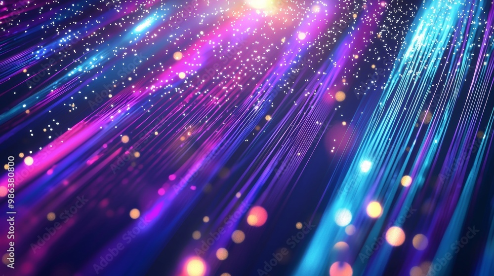Poster abstract background with glowing lines and particles flying around forming a technological design, p