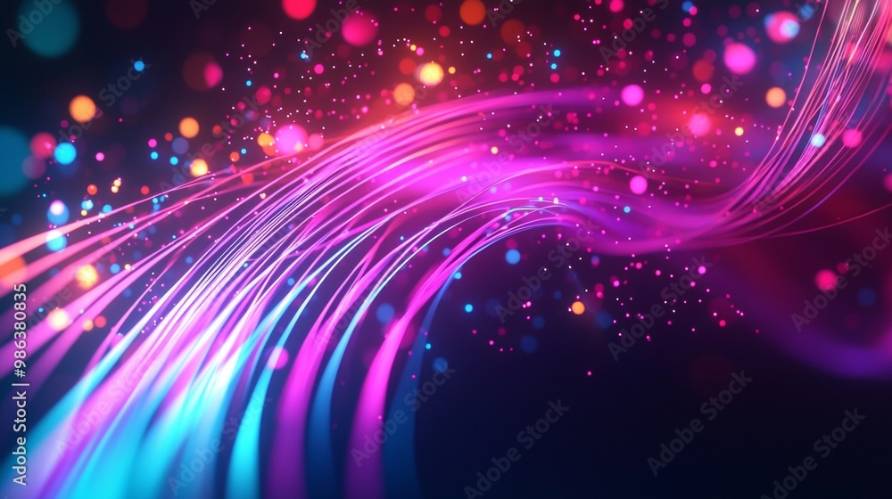 Poster Bright glowing lines are swirling and forming a dynamic composition on a dark background, creating a mesmerizing bokeh effect with colorful particles