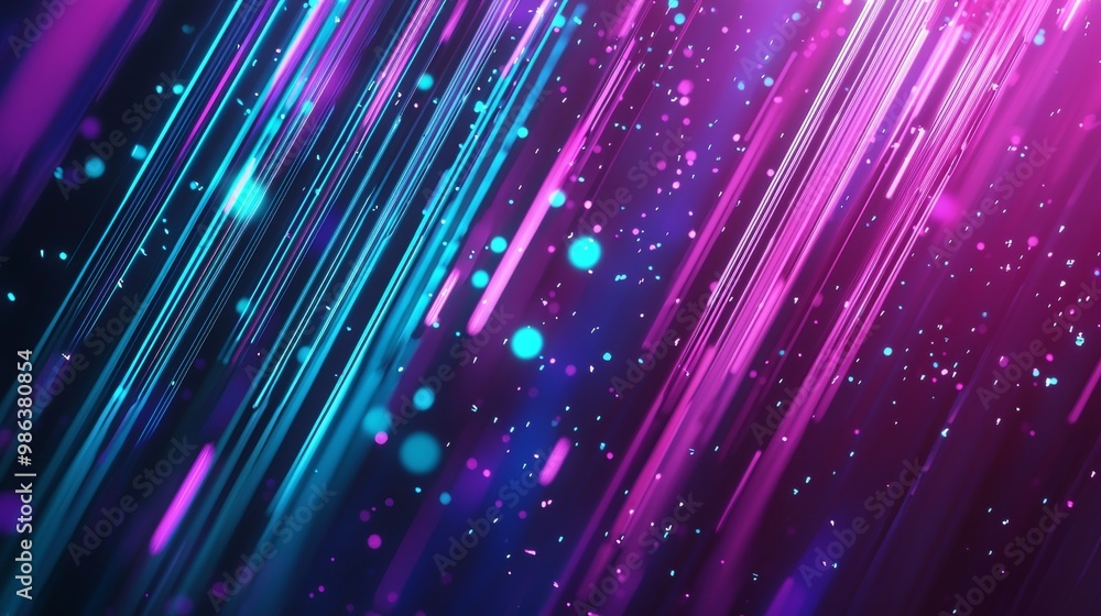 Poster abstract background with diagonal pink and blue glowing lines and particles flying around, creating 