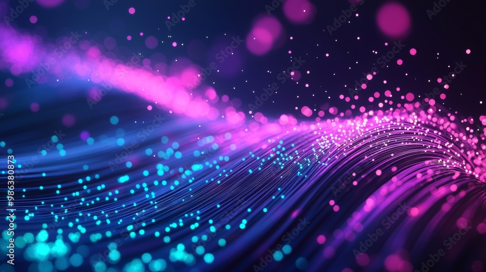 Poster blue and pink glowing particles flow in a wave pattern, creating energy and movement. perfect for te