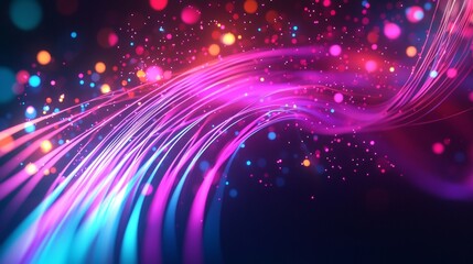 Obraz premium Bright glowing lines are swirling and forming a dynamic composition on a dark background, creating a mesmerizing bokeh effect with colorful particles