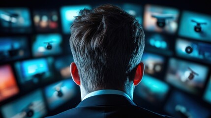 A security officer monitoring multiple screens displaying live feeds from CCTV cameras, representing the role of digital surveillance in public safety.