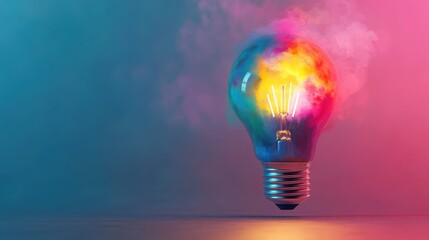 A glowing light bulb is surrounded by colorful smoke on a blue and pink gradient background
