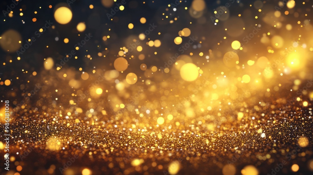 Poster festive golden sprinkles and twinkling particles cascading across a smooth background, creating a ma