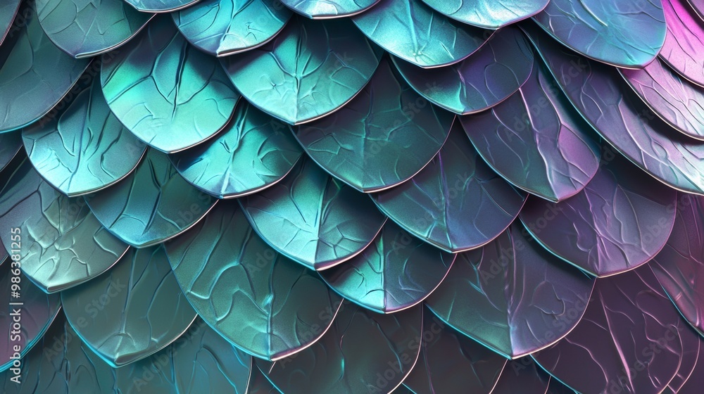 Poster textured background of dragon scales is reflecting turquoise and purple light. the scales are overla