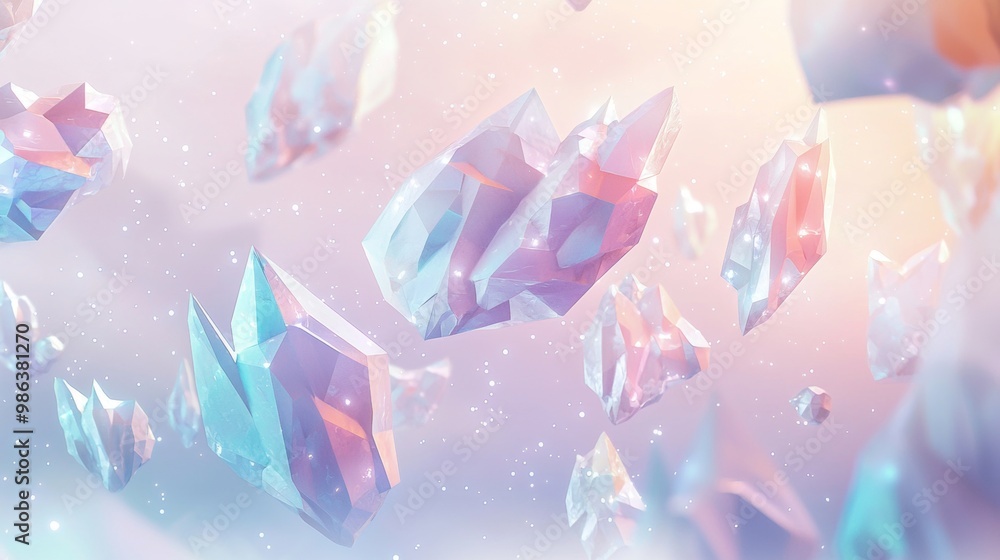 Poster multiple prism crystals float in the air with a pastel color palette and sparkling lights, creating 