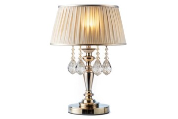 A luxurious crystal desk lamp with a sparkling crystal base and a silk lampshade, set against a white background for a glamorous and high-end feel