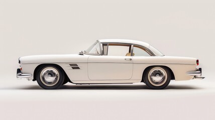 Side view of a vintage white coupe with a timeless design, showcasing its sleek lines, chrome details, and retro aesthetics.