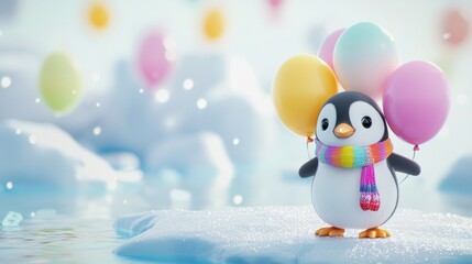 Cute cartoon penguin wearing a colorful scarf is standing on an ice floe while holding colorful balloons in a snowy atmosphere