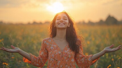 portrait of a young indian woman with open arms enjoying the outdoors in a meadow filled with nature showing happiness and positivity with good mental health and a joyful peaceful life