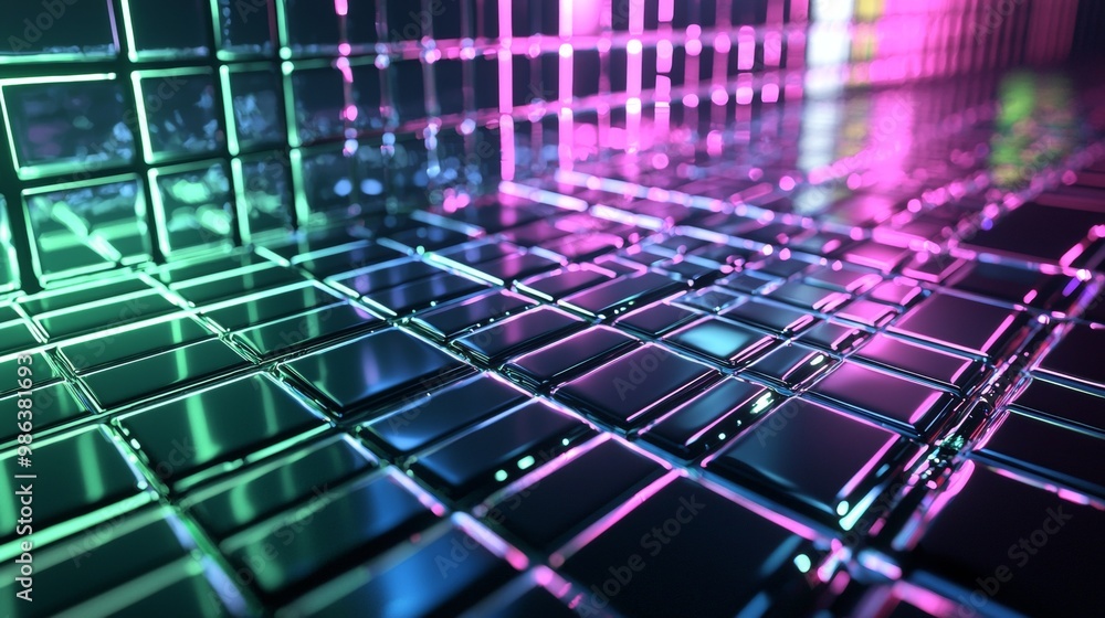 Poster metallic squares reflecting colorful neon lights creating a futuristic and abstract background with 
