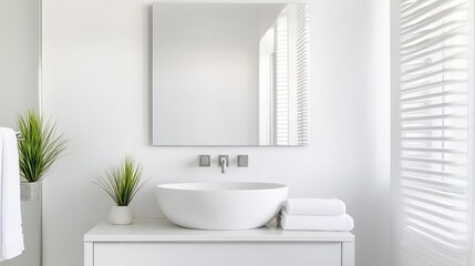 Obraz premium Minimalist frameless mirror with brushed steel fixtures in a clean white bathroom, minimalist bathroom mirror, sleek simplicity