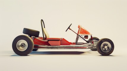 Side view of a classic red go-kart with a minimalist frame, simple seat, and exposed mechanical details, evoking a retro racing style.