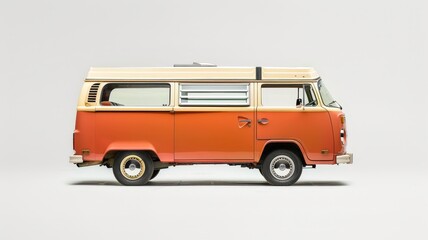 Side view of a classic beige camper van featuring retro orange stripes, showcasing a nostalgic design for road trips and camping.