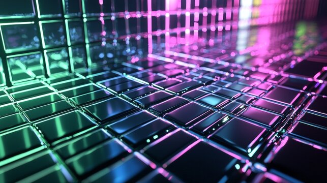Metallic squares reflecting colorful neon lights creating a futuristic and abstract background with a shallow depth of field